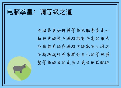 电脑拳皇：调等级之道