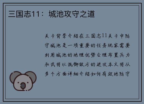 三国志11：城池攻守之道