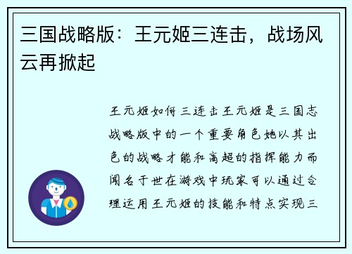 三国战略版：王元姬三连击，战场风云再掀起